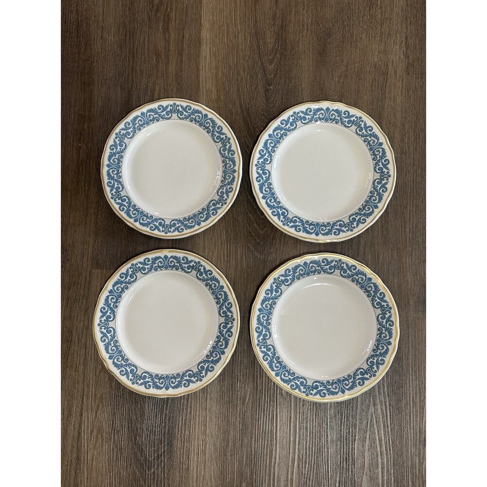 Vtg Shenango China Restaurant Ware 4 Dinner Plates Blue Scroll Gold Trim 9"